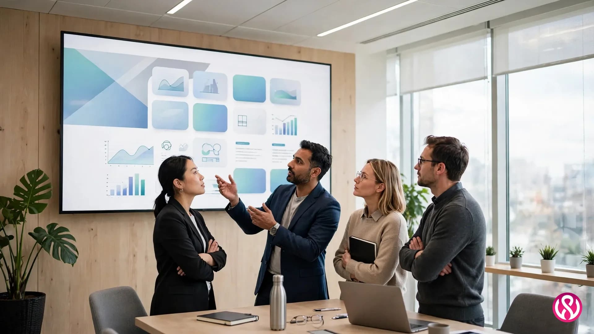 B2B website design services: a business team reviewing a new company website on a large screen in a meeting room