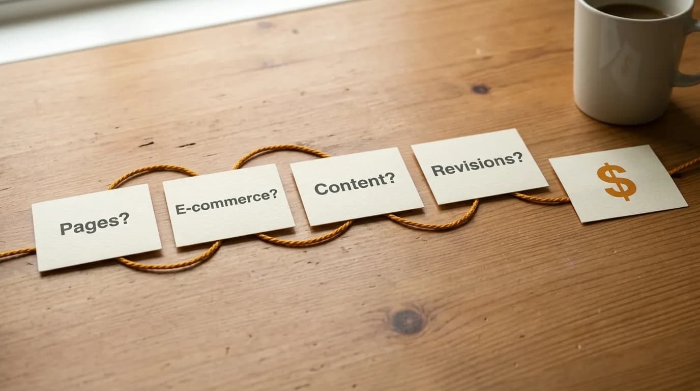 Decision guide showing how page count and features map to a real website price