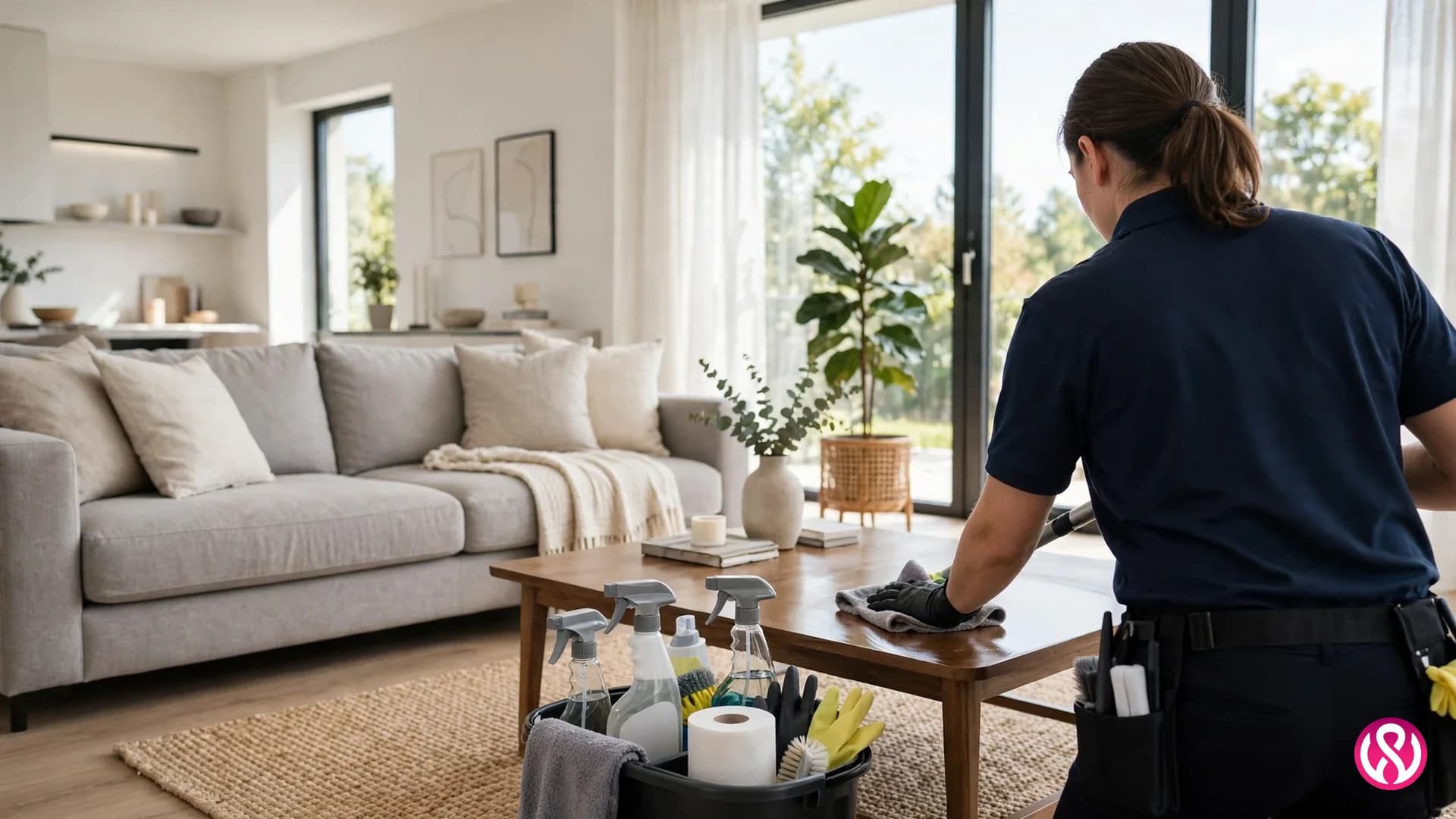 Cleaning service website design: a professional cleaner in a bright modern home, the kind of real work photo that earns a quote request