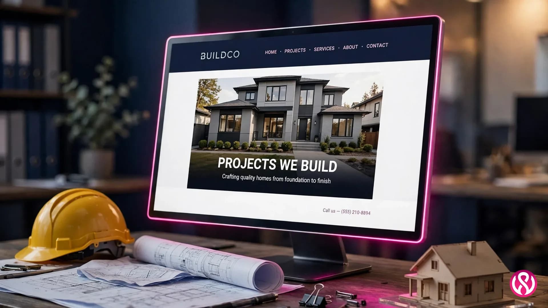 Construction website design services: a contractor website homepage with project photos on a desktop screen in a site office