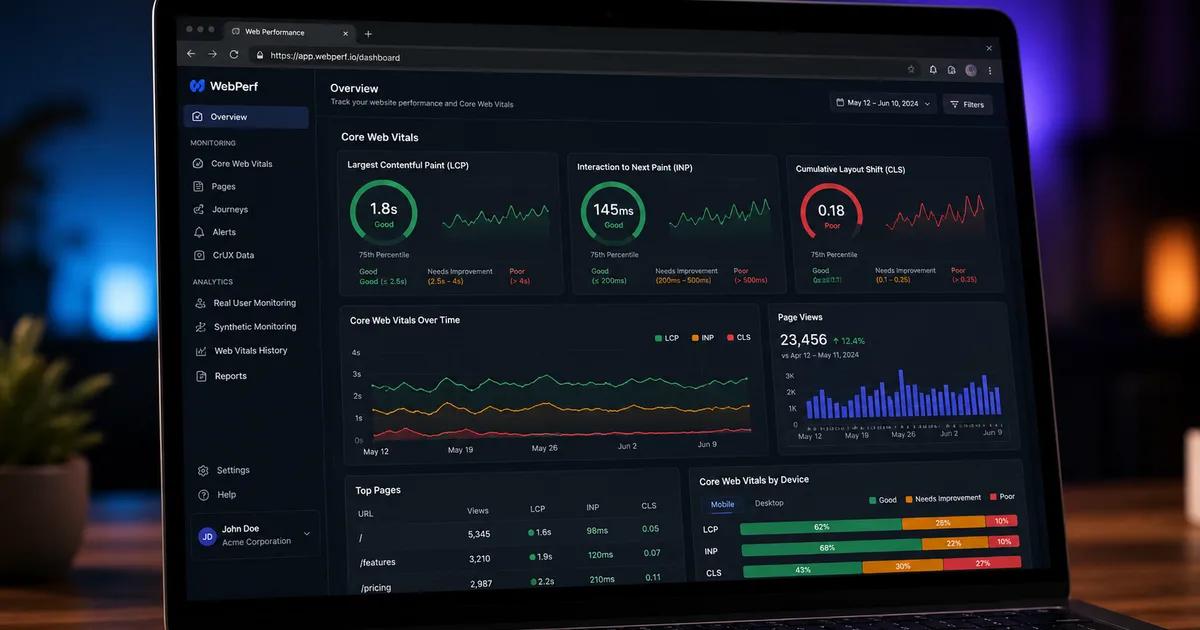 Core Web Vitals performance dashboard showing LCP INP CLS scores on a laptop screen