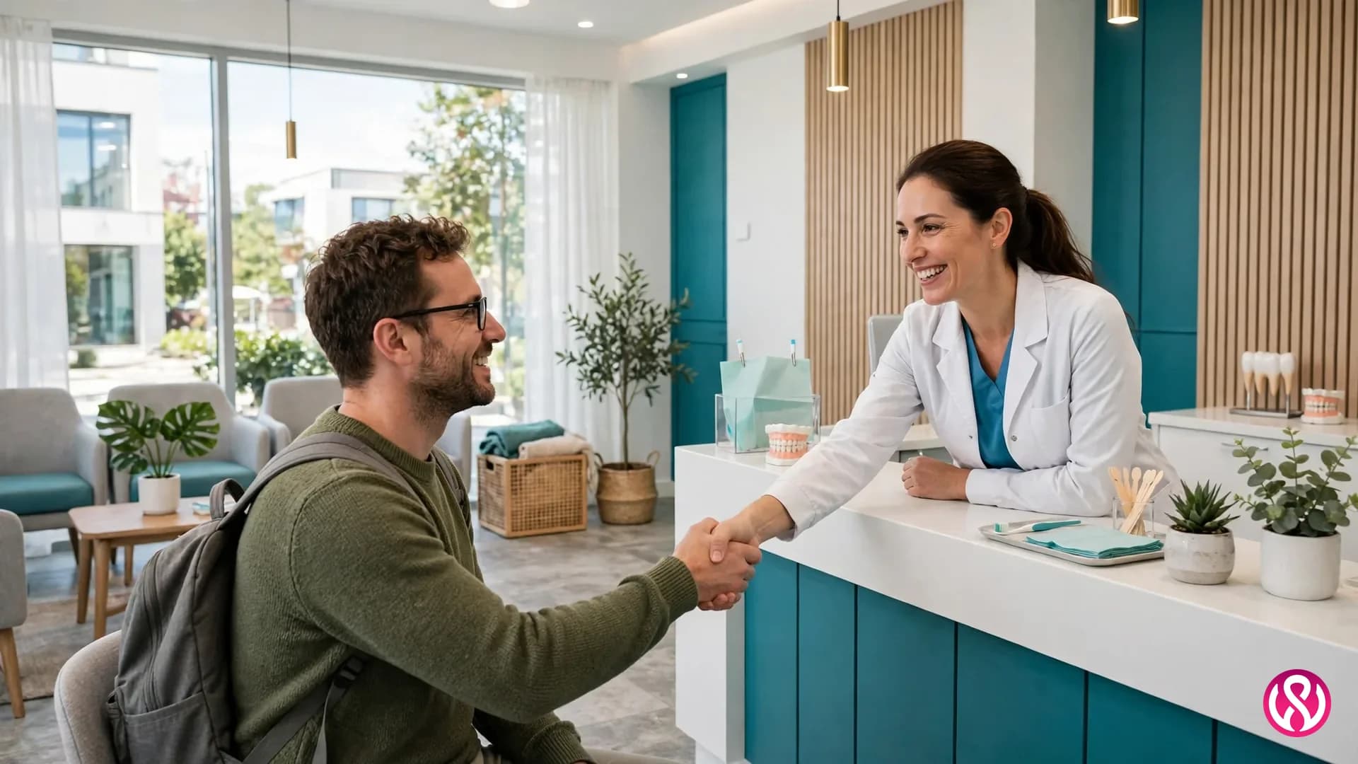 Dental website design services: a dentist greeting a patient at the reception desk of a bright modern dental practice