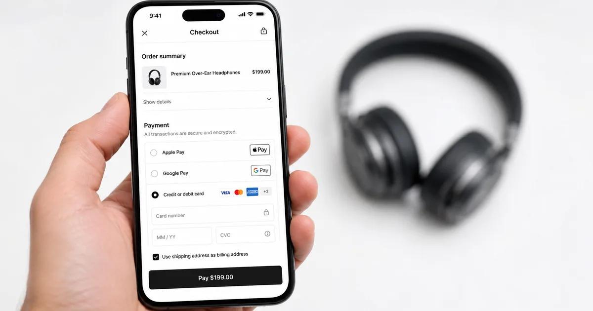 Hand holding smartphone showing online checkout with Apple Pay and card payment options