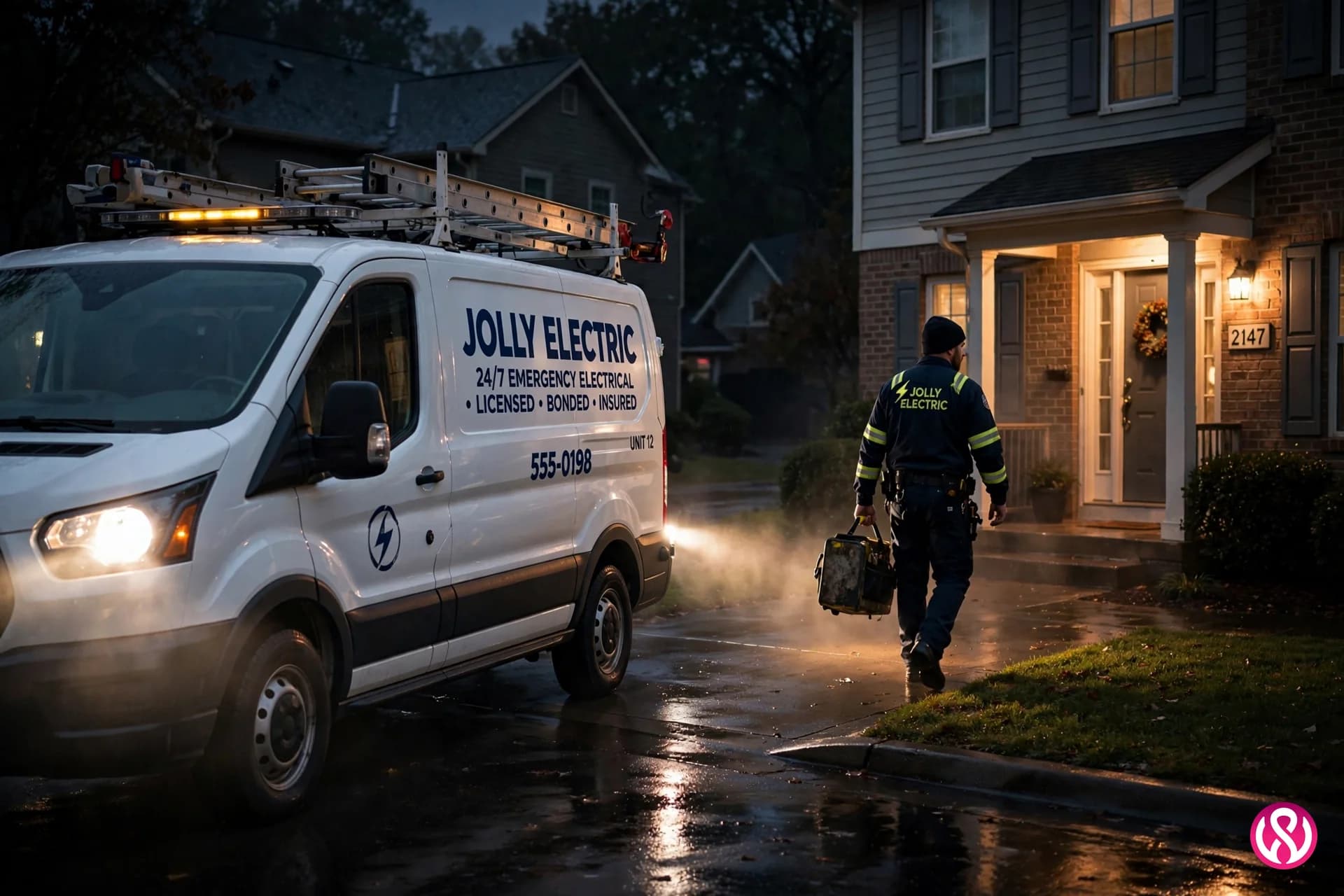 Electrician's van arriving for an emergency call at night with headlights on