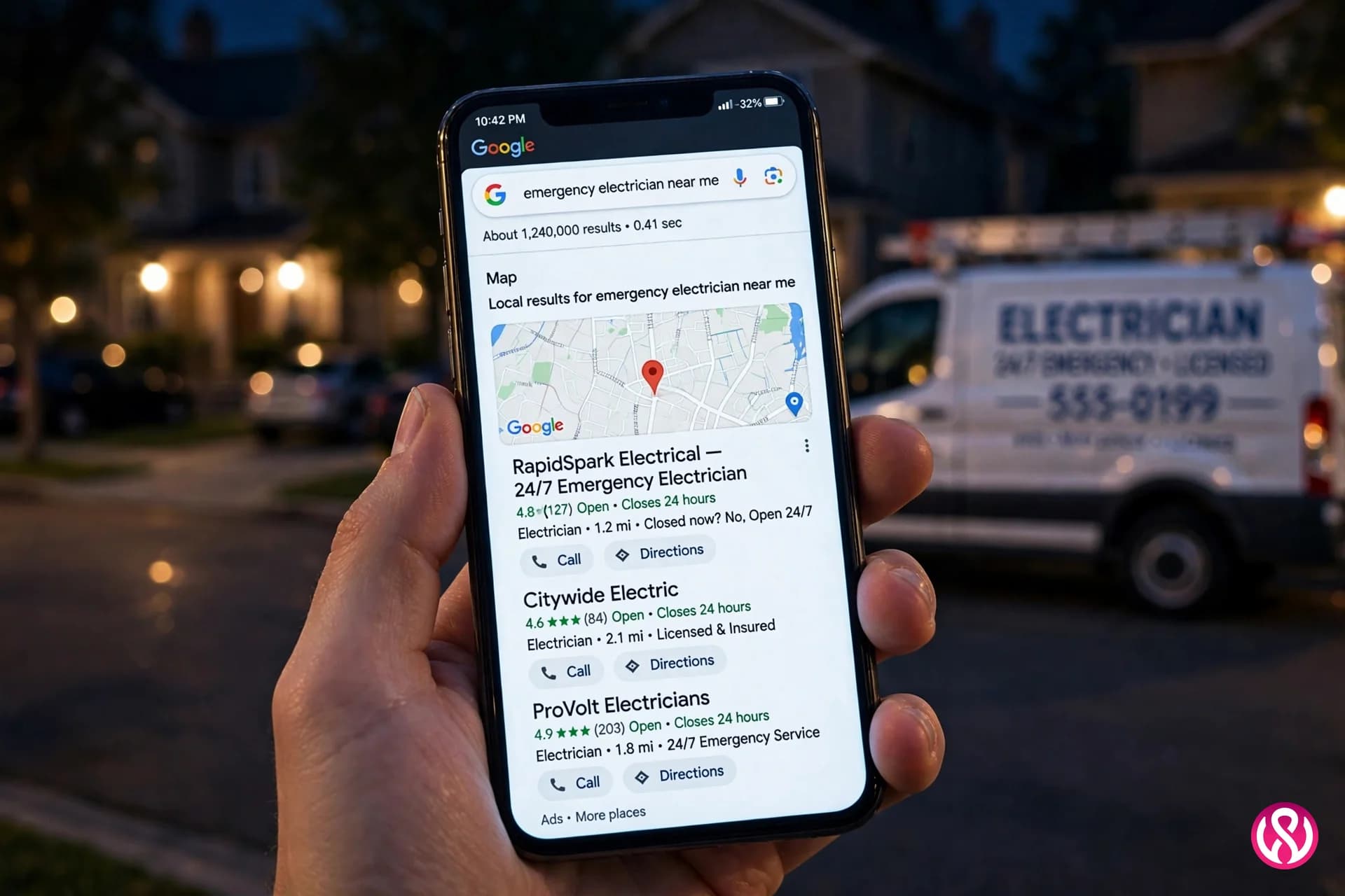 Phone showing emergency electrician near me search results with map pack at night
