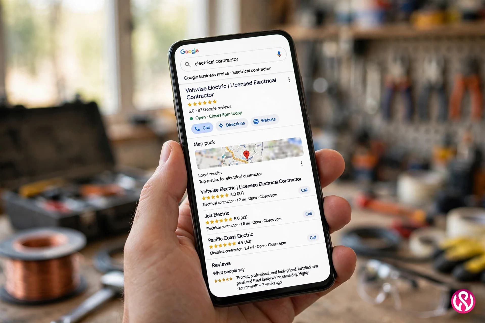 Smartphone showing an electrical contractor's Google Business Profile with reviews in the map pack