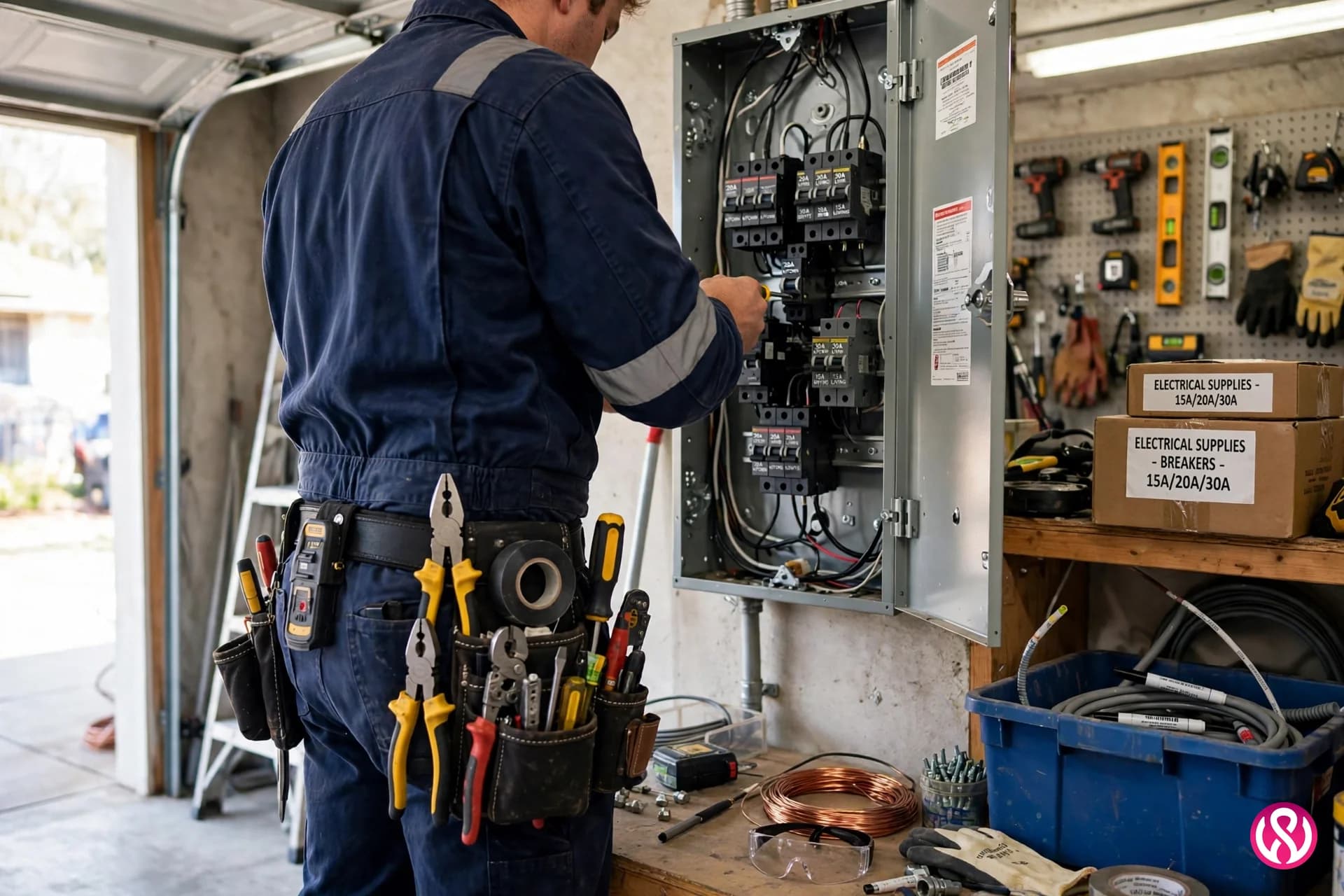 Electrician upgrading a residential breaker panel with new circuit breakers