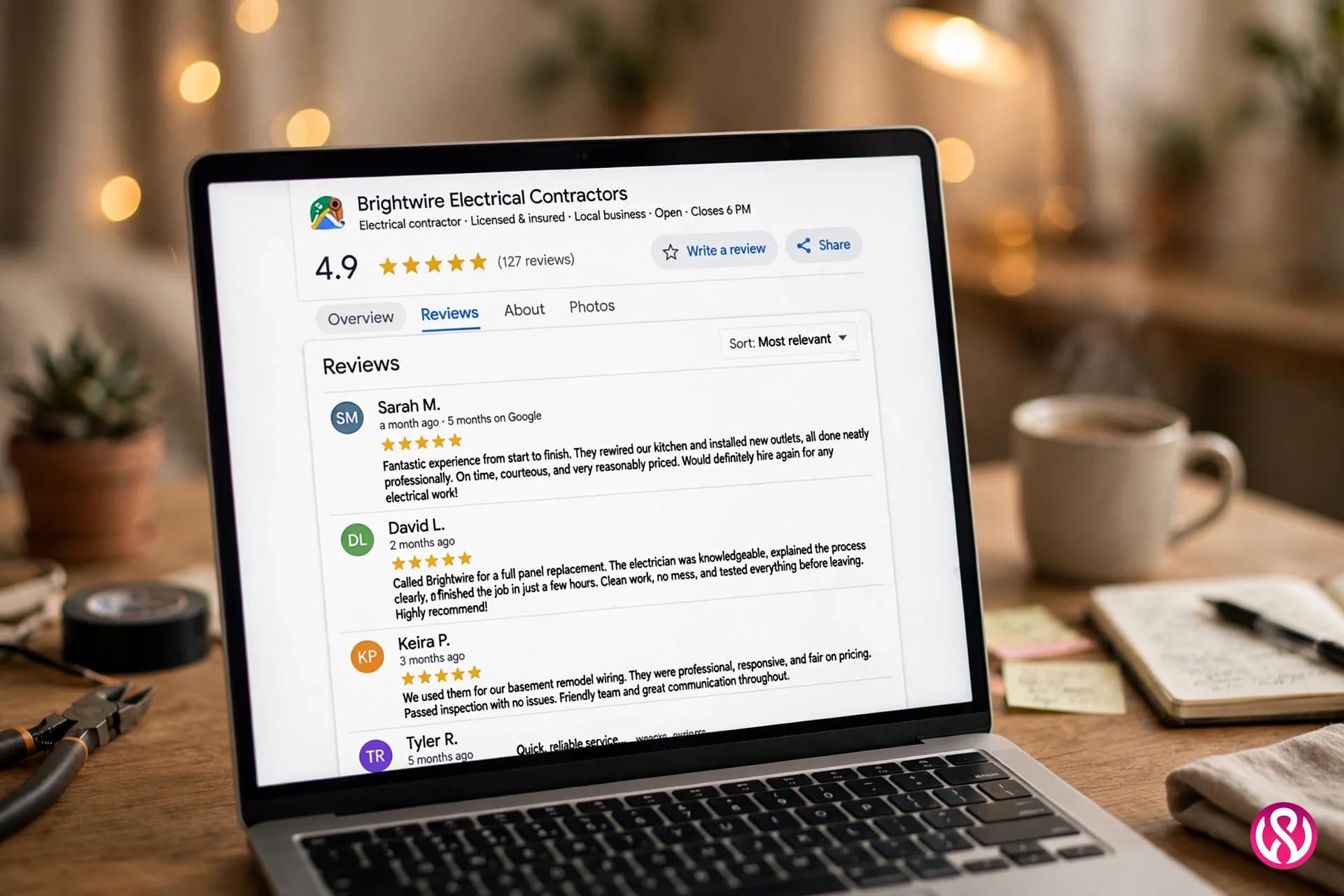 Five-star Google reviews for an electrical contractor on a laptop screen