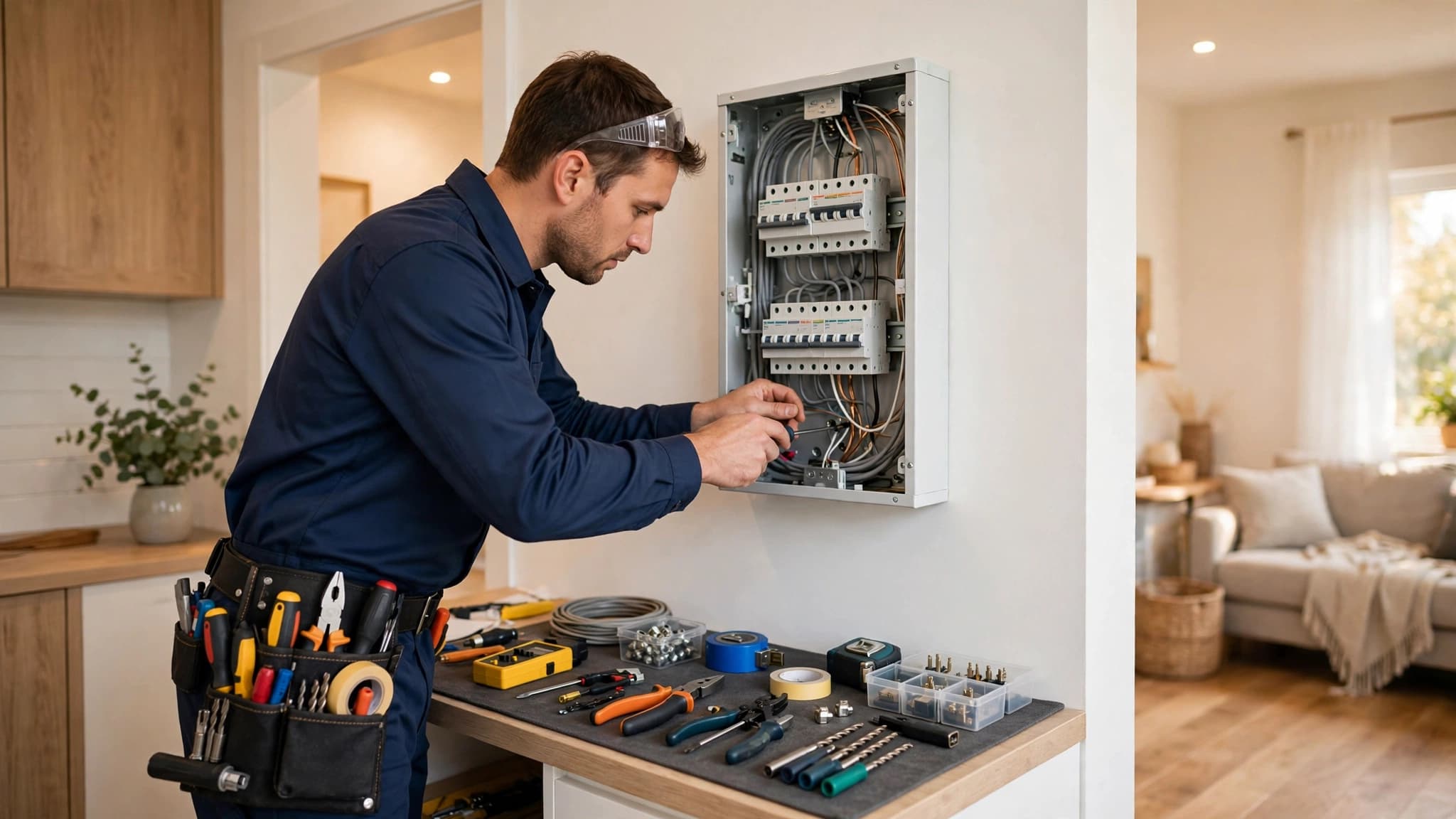 Professional electrician in uniform installing a modern electrical panel in a home, with tools neatly arranged