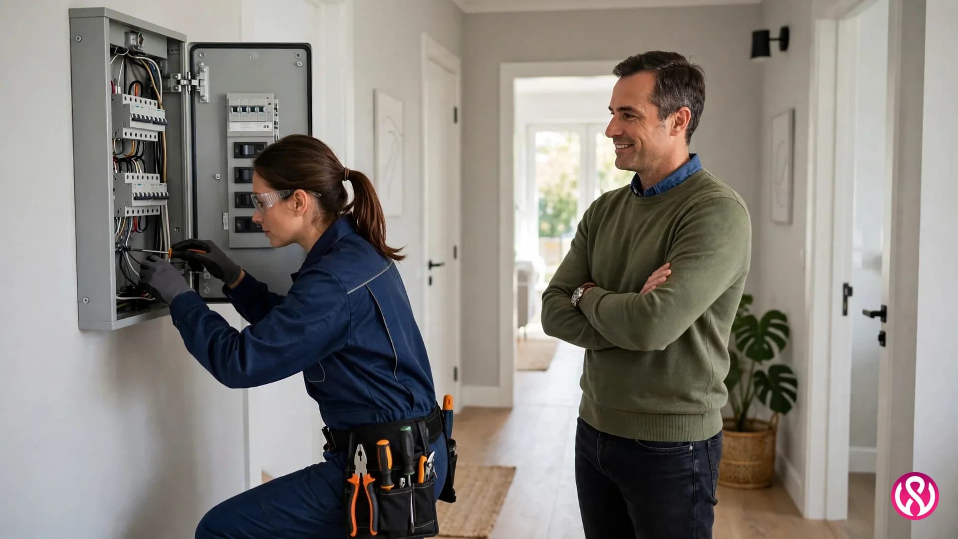 Electrician website design services: an electrician working on a home electrical panel while the homeowner watches