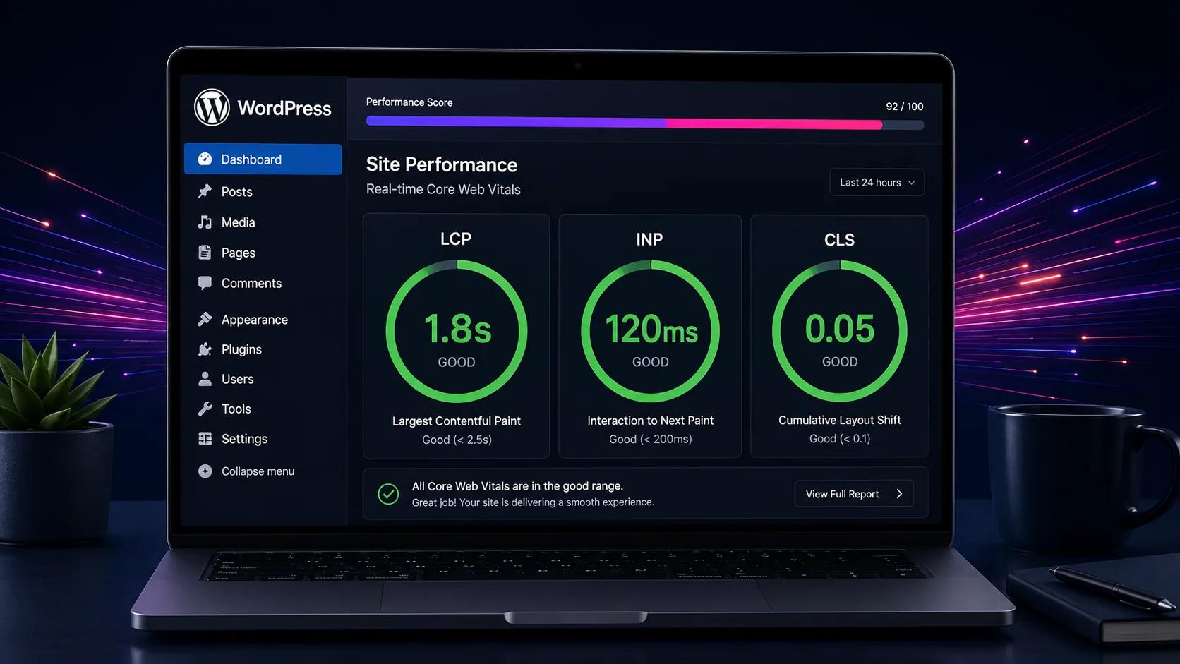 WordPress admin dashboard on a laptop screen showing page speed test results with LCP INP and CLS Core Web Vitals scores