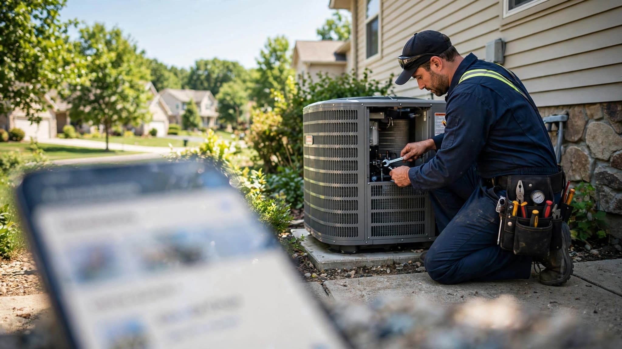 Technician servicing an outdoor AC unit while a phone shows HVAC search results