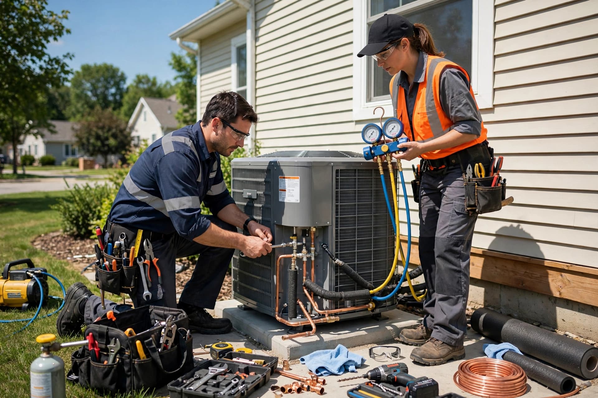 HVAC technicians installing a new air conditioning system at a home