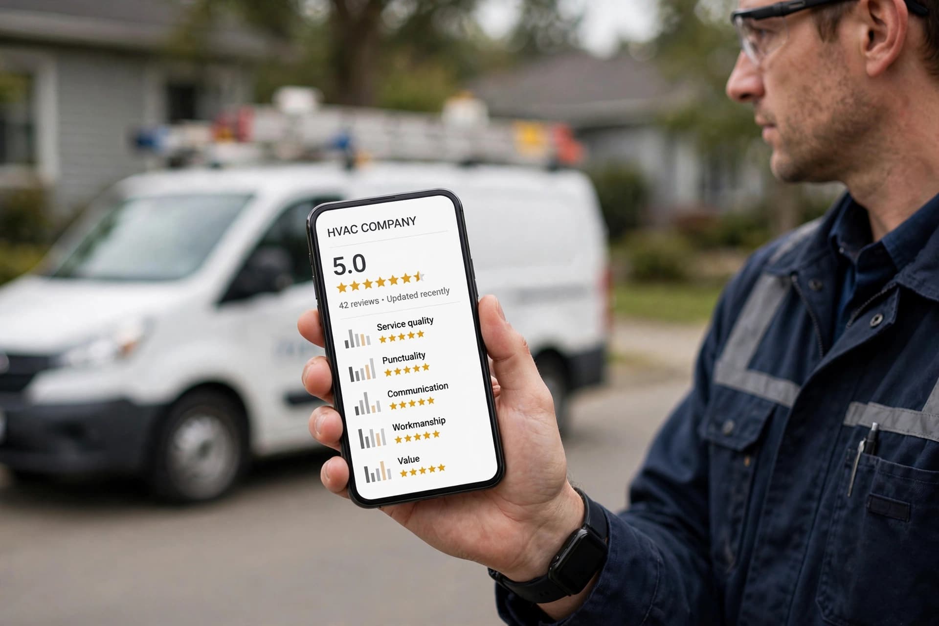 Five-star Google reviews for an HVAC company displayed on a phone