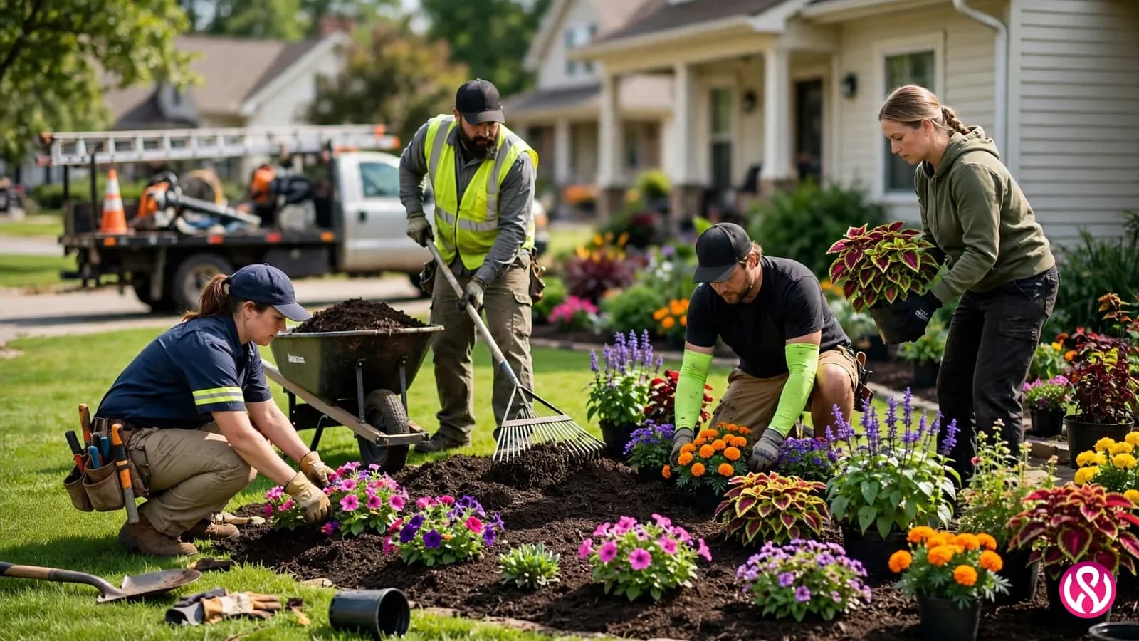 Landscaping crew installing plants in a residential front yard on a sunny day