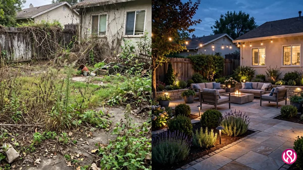 Before and after view of a backyard patio and landscaping transformation