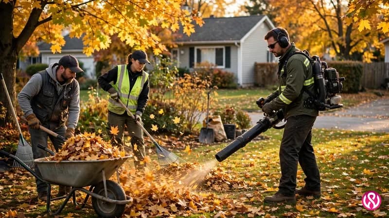 Landscaping crew performing fall leaf cleanup in a suburban yard