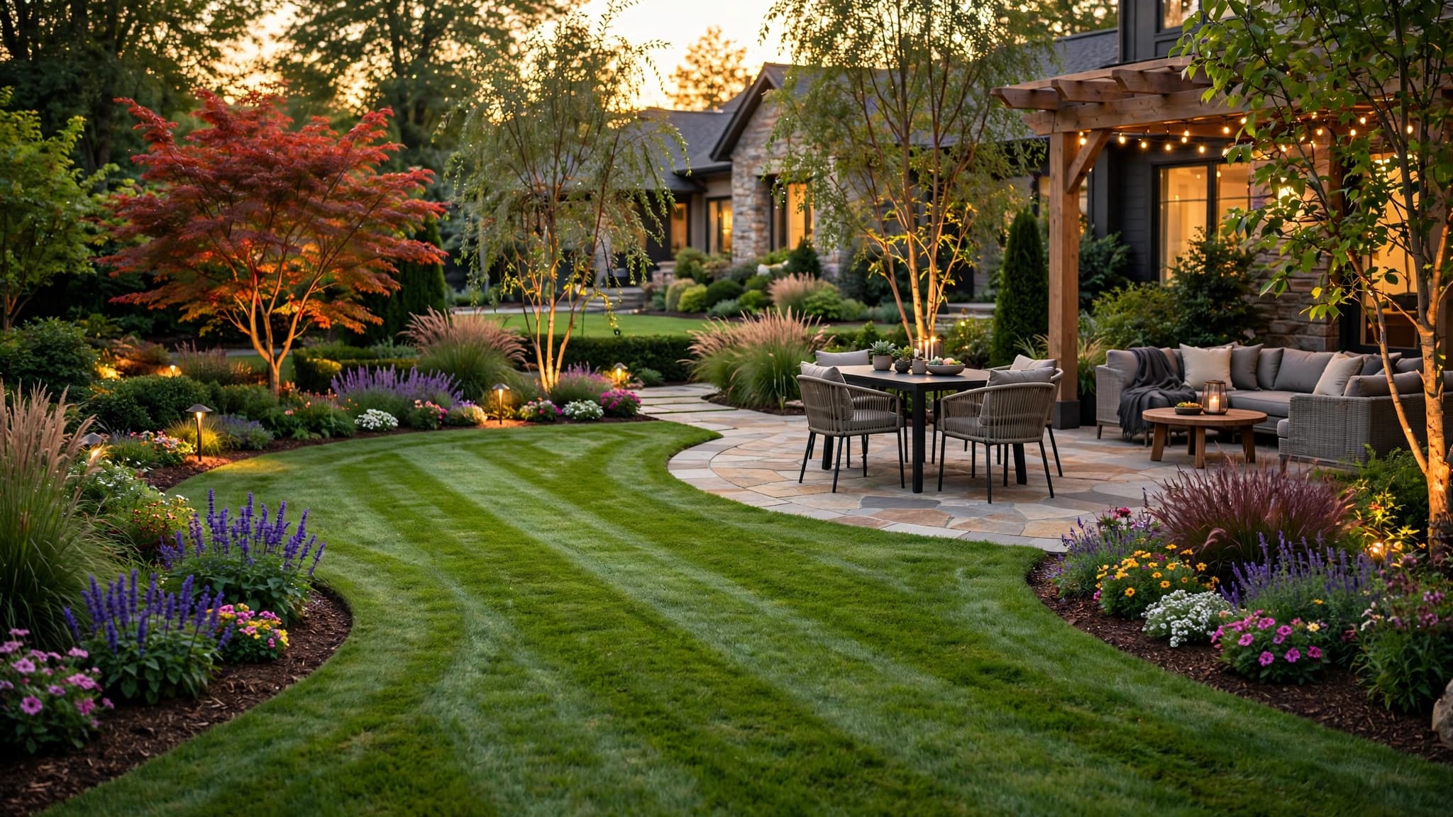 Professionally landscaped backyard at golden hour with striped lawn, stone patio, and flower beds, the kind of project gallery a landscaping website should show