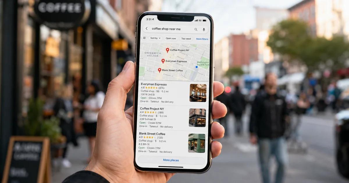 Person holding smartphone showing Google Maps local business search results with star ratings