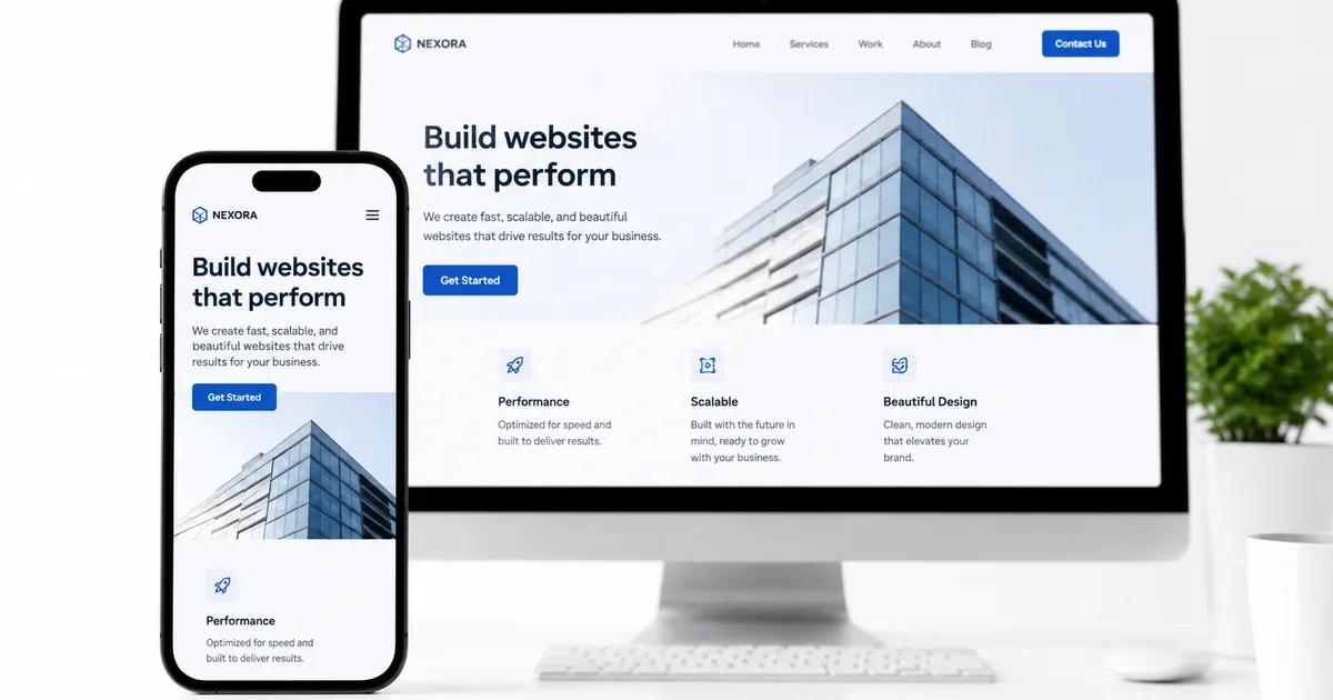 Same website displayed on a smartphone and desktop monitor showing responsive mobile-first design