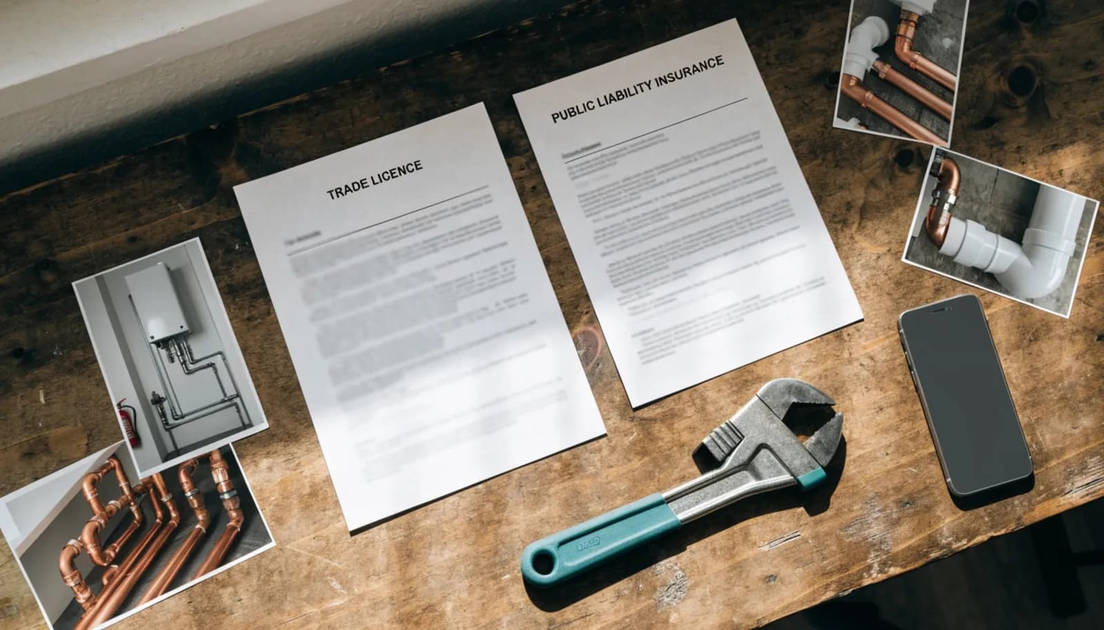 Plumber's trade licence, insurance certificate and job photographs laid out on a workbench