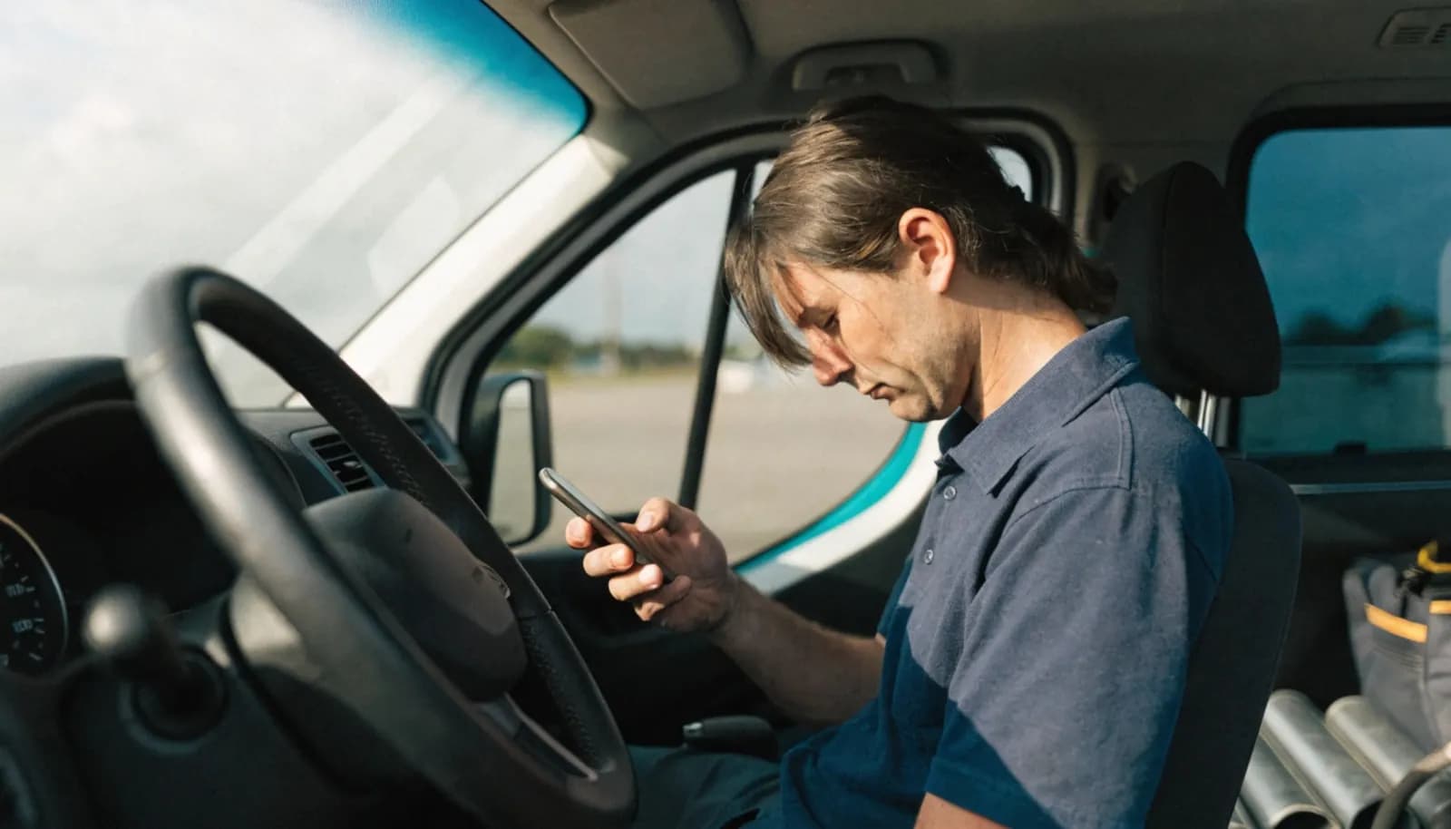 Plumber checking a job enquiry on a phone in a work van, the way most plumbing leads arrive
