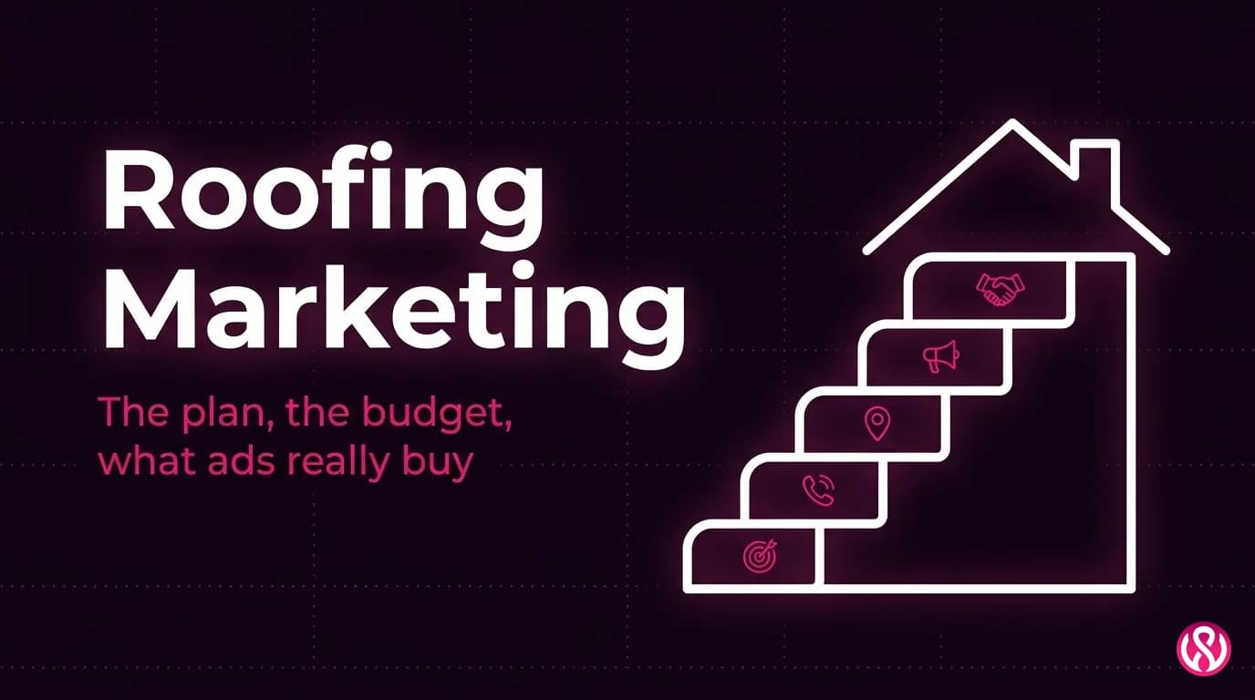 Roofing marketing guide cover with a step-by-step marketing plan leading up to a house roof