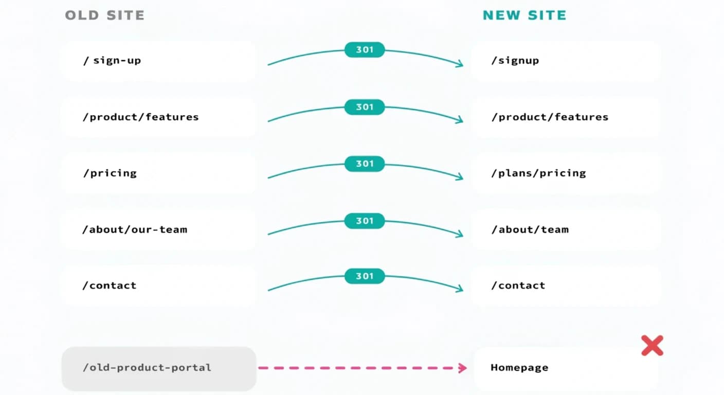 SEO migration URL mapping flow showing every old URL 301 redirected to its exact new-site equivalent, passing ranking signal forward