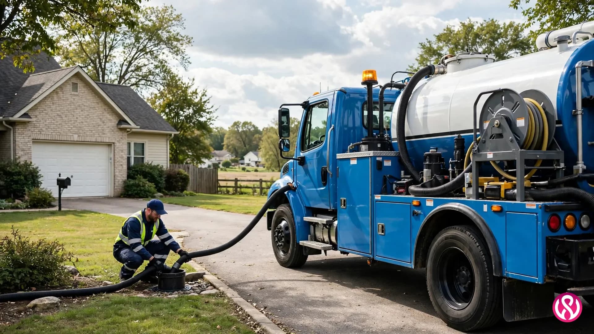 Septic service website design: a septic pump truck and technician at a rural home, the kind of real job photo that carries a septic company homepage