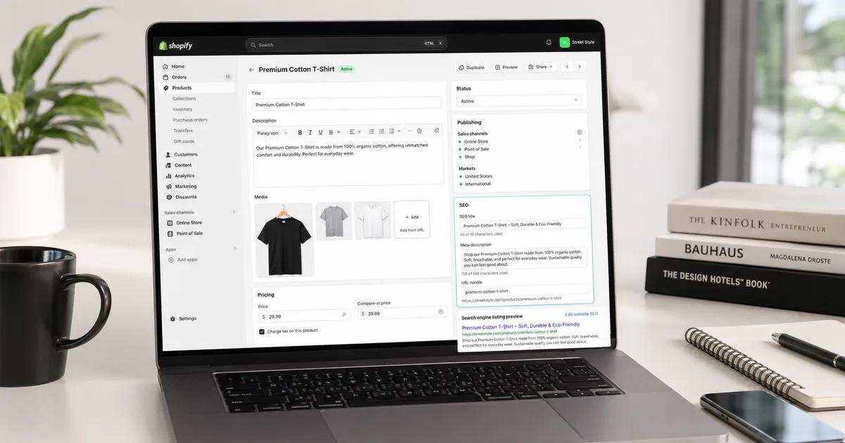 Shopify admin dashboard with product page open showing SEO title meta description and URL fields