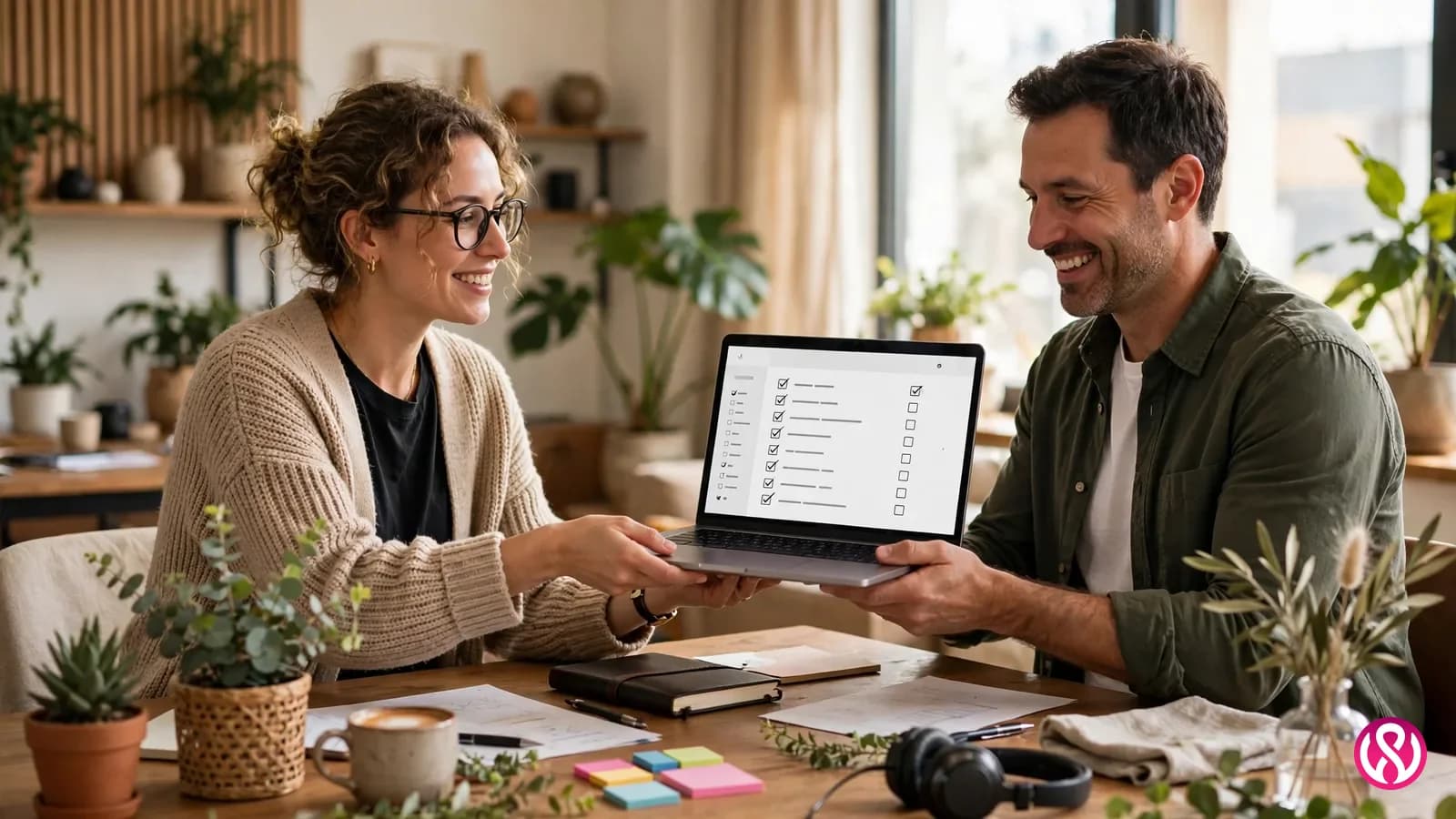 Small business website design and management: a designer handing over a managed website to a business owner