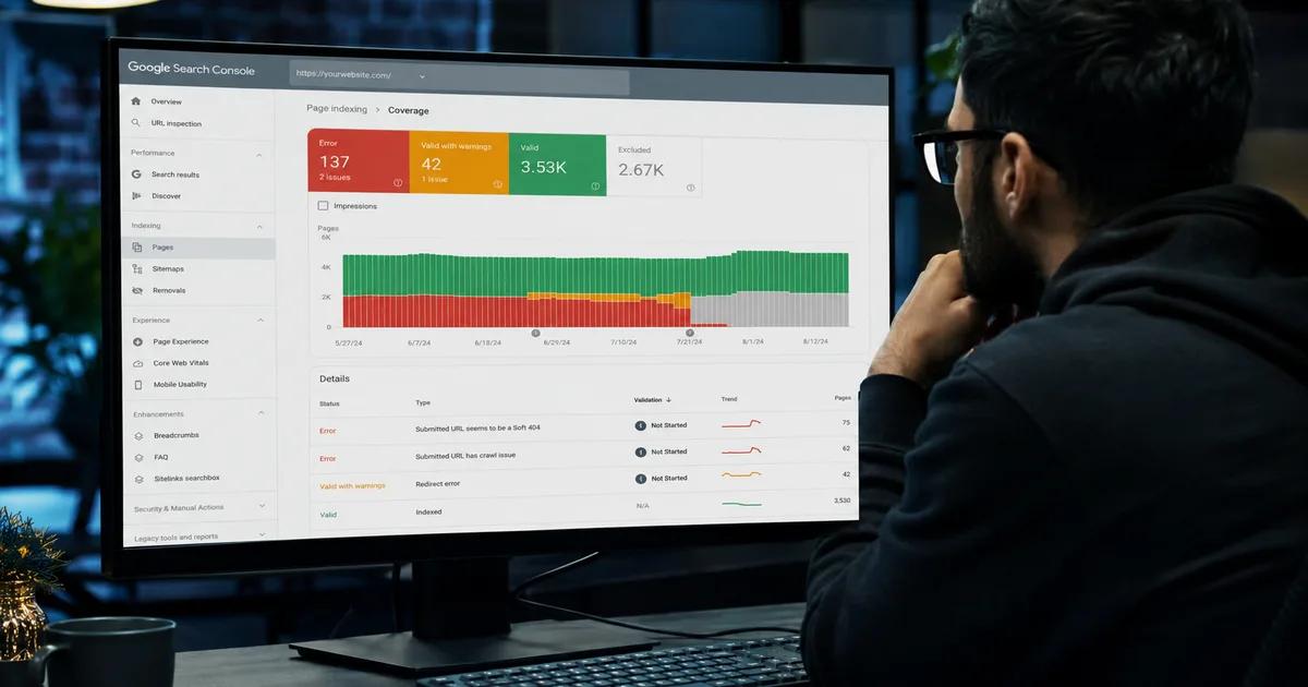 Google Search Console coverage report showing indexed pages and crawl errors on a monitor