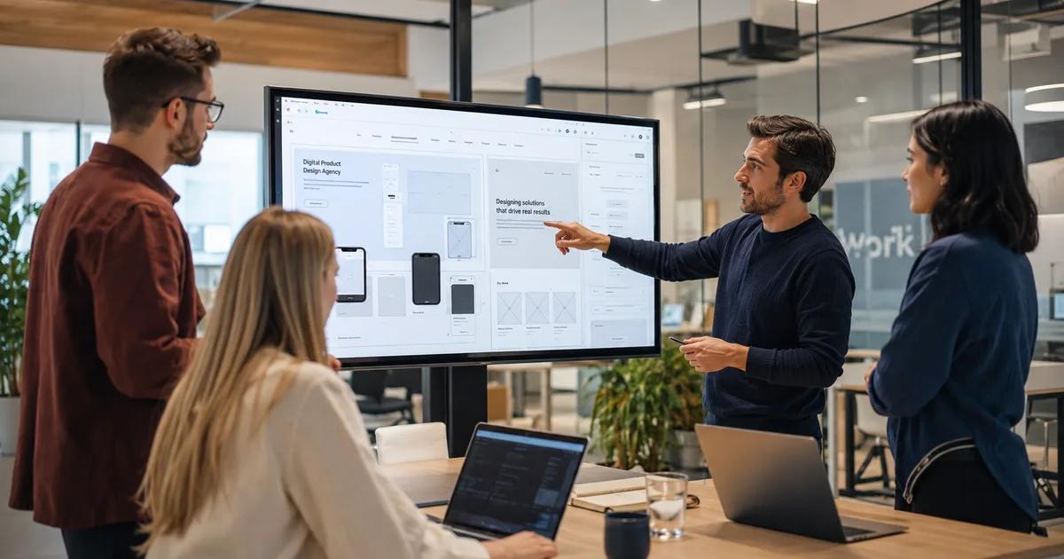 Web development agency team collaborating around a monitor showing website wireframes