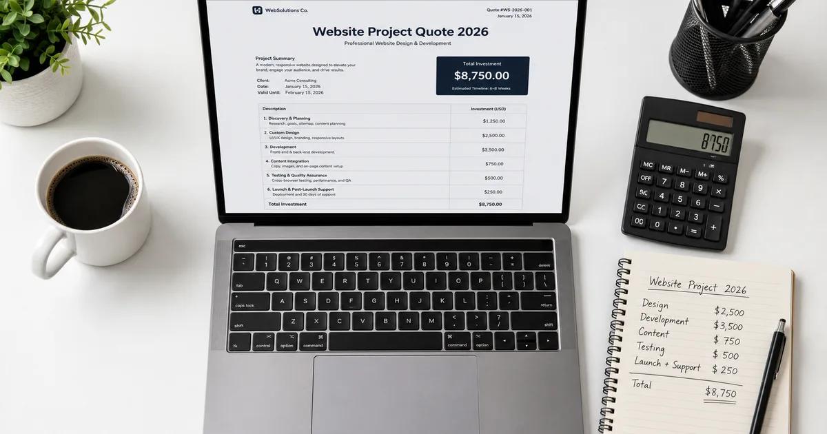 Website project pricing breakdown document on a desk with laptop calculator and notebook