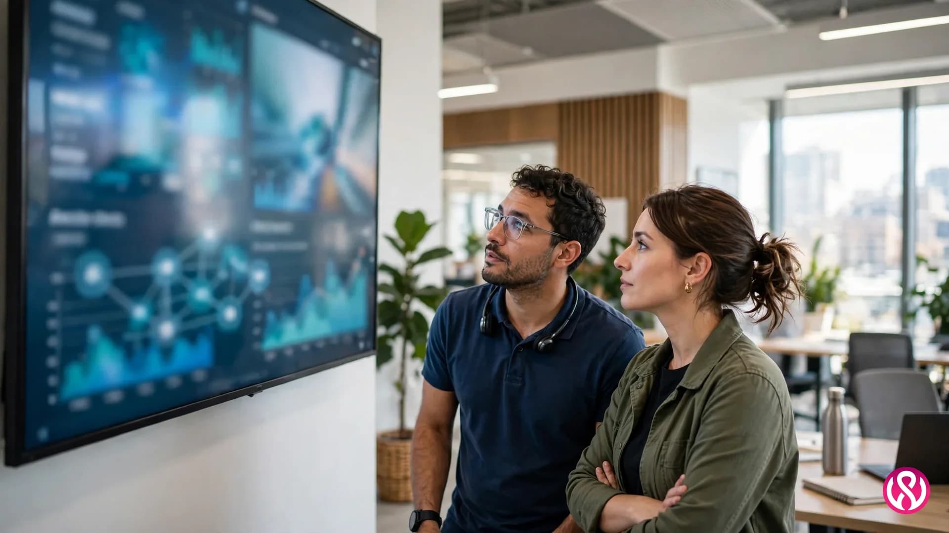 Website design services for MSPs: an MSP team reviewing a network monitoring dashboard on a large screen in a bright office