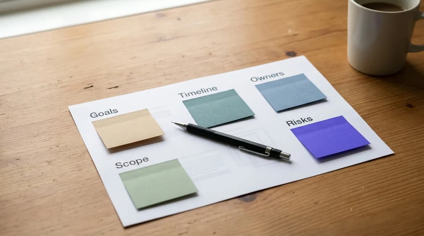 Website redesign project plan template showing goals, scope, timeline, owners and risks