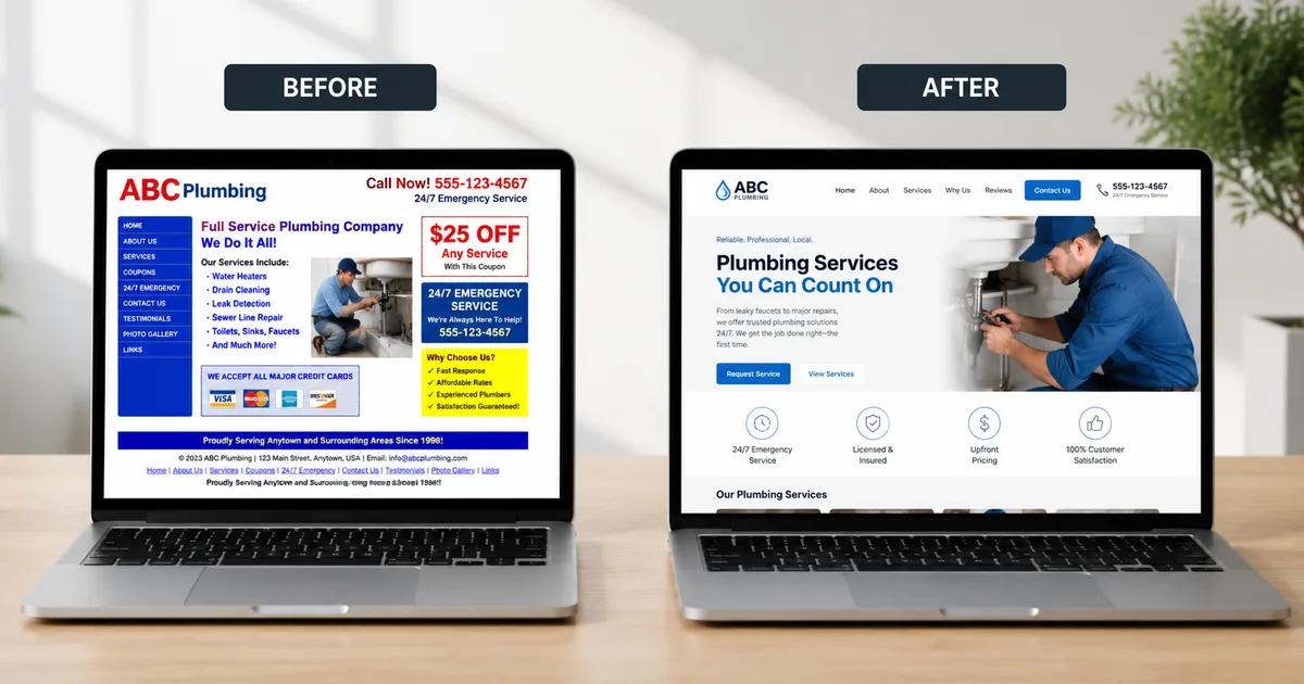 Before and after comparison of old website versus clean modern redesign on two laptops