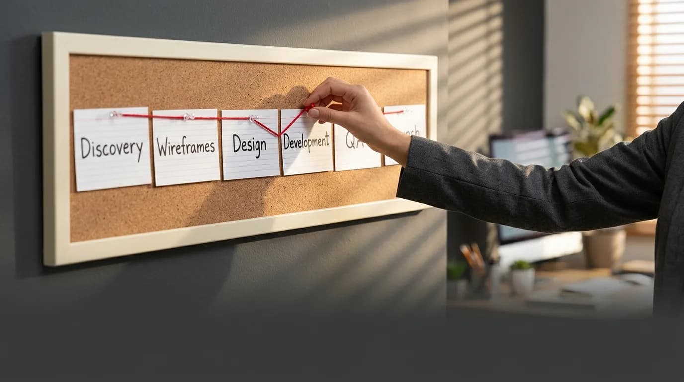 Diagram of the six phases of a website redesign timeline from discovery to launch