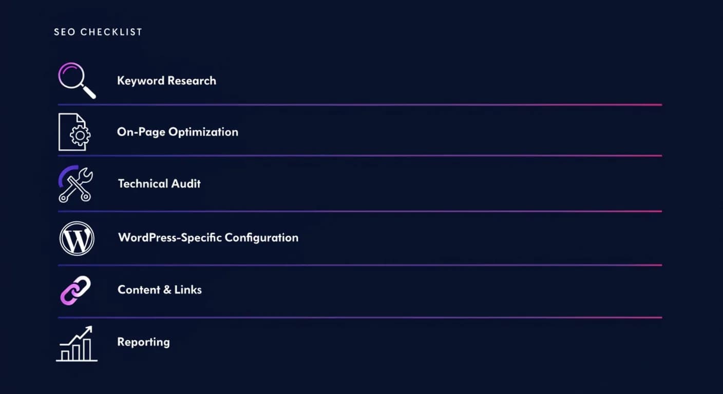 Six things a real WordPress SEO service includes: keyword research, on-page optimization, technical audit, WordPress-specific configuration, content and links, reporting