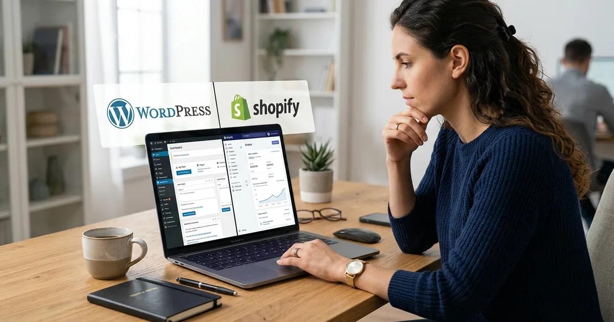 WordPress vs Shopify platform comparison on a laptop screen for choosing the right CMS