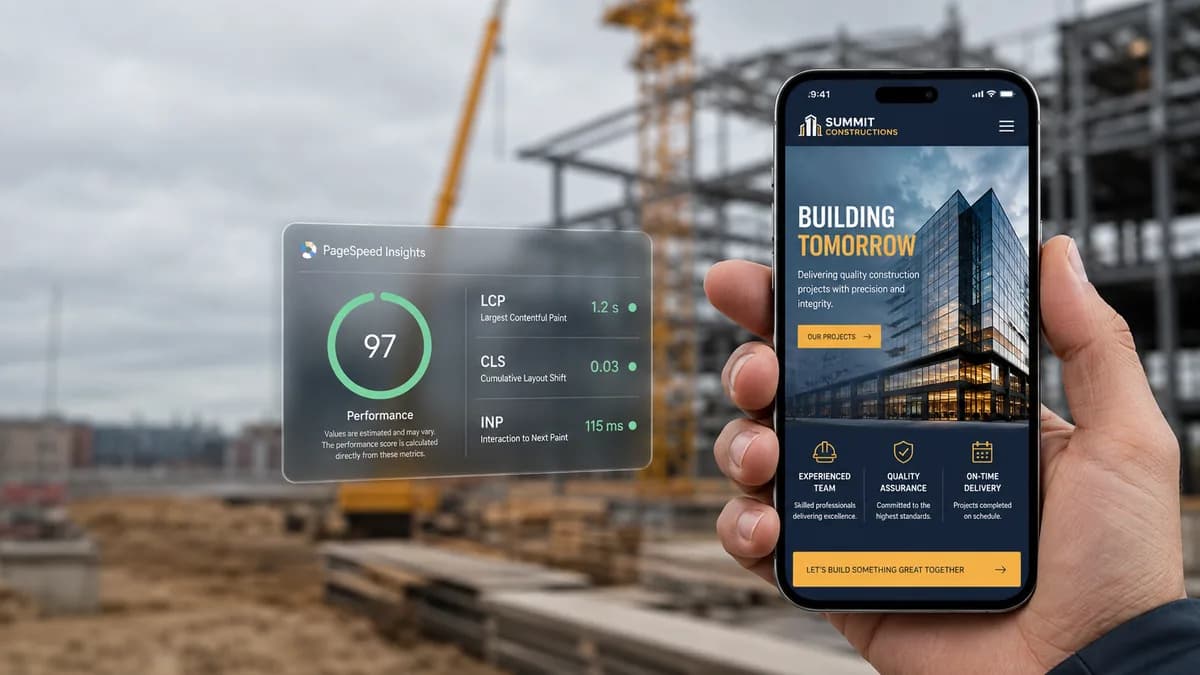 Mobile phone showing a construction company website next to a PageSpeed Insights report with LCP and CLS scores