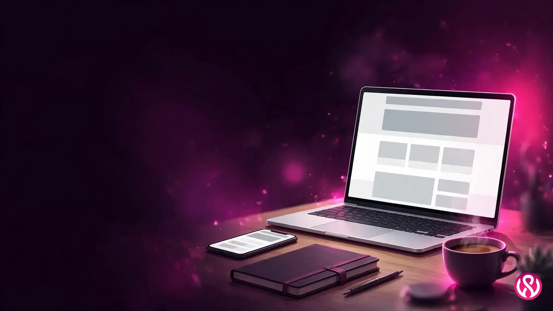 Business web design: a laptop and phone showing a business website layout on a desk with a notebook and coffee