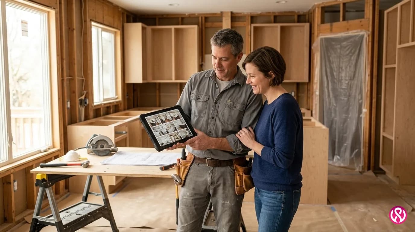 General contractor on a kitchen remodel job site showing a homeowner photos of finished projects on a tablet