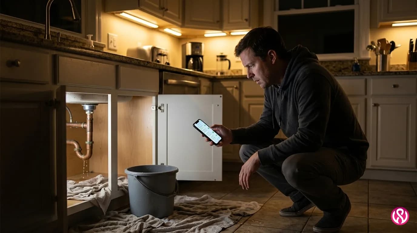 Homeowner in a kitchen at night searching on a phone for an emergency plumber while water leaks under the sink