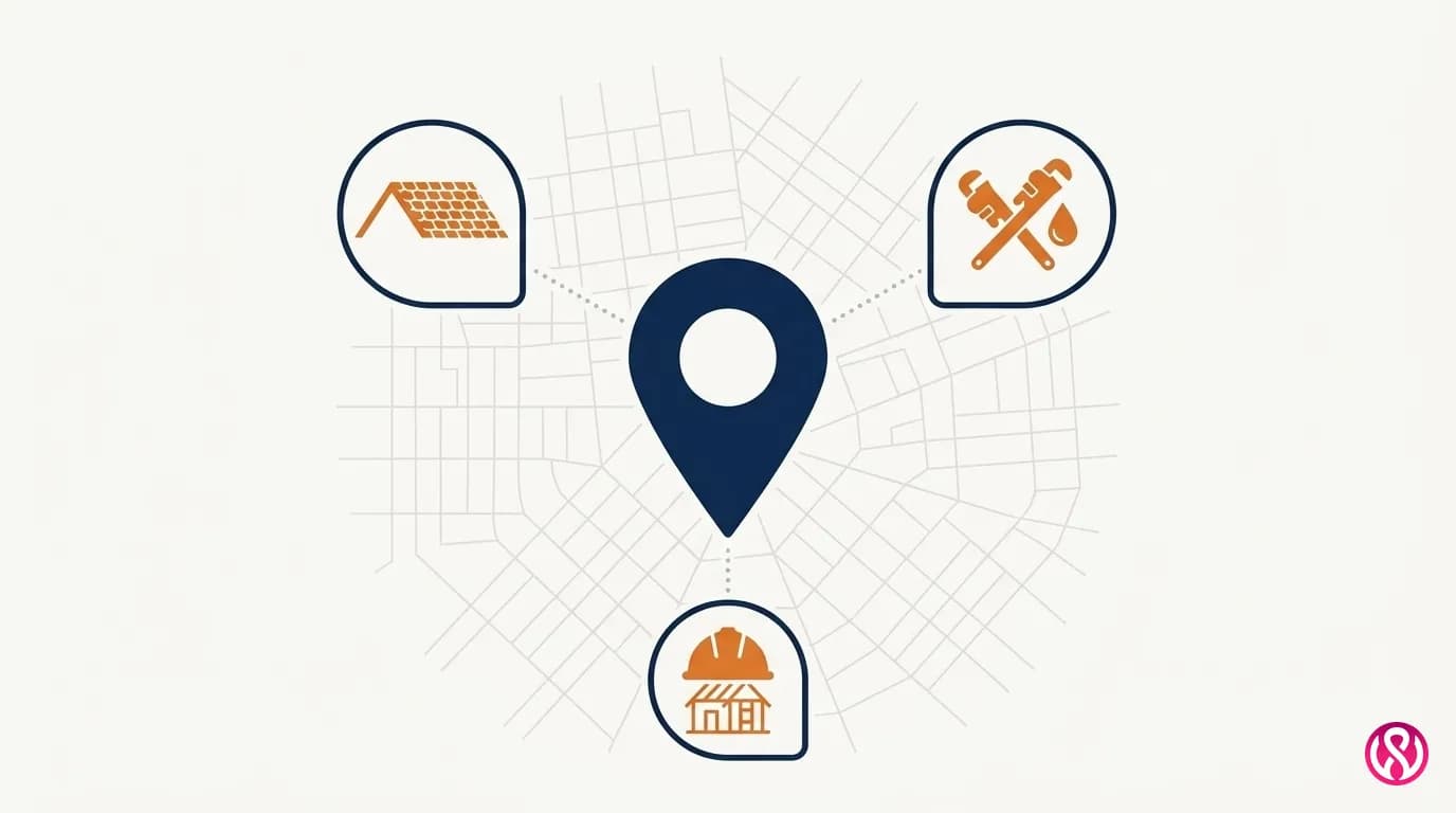 Illustration of a roofer, a plumber and a builder connected to one local map pin