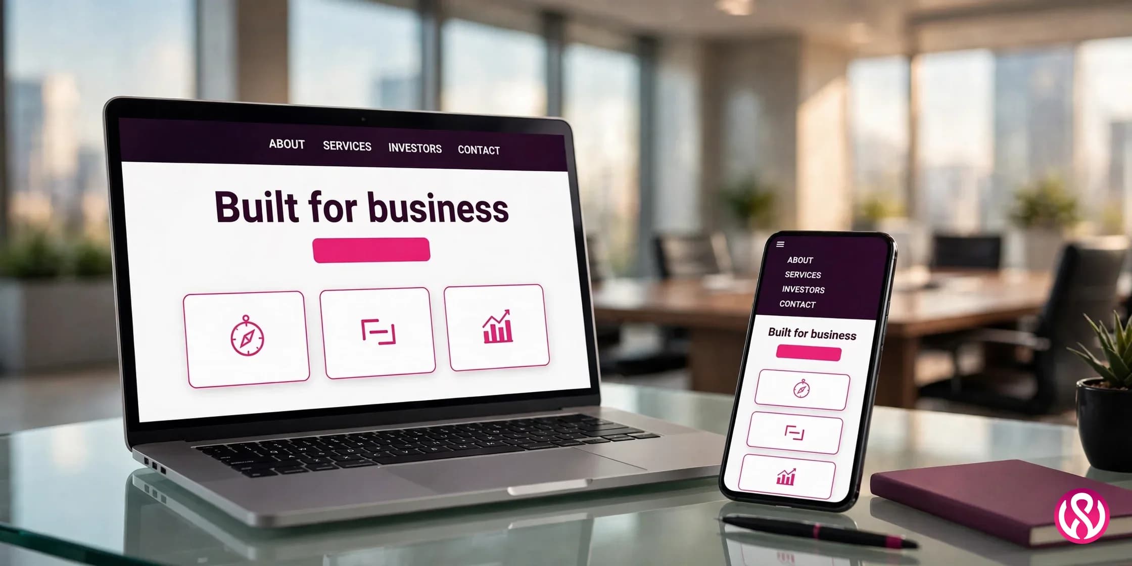 Corporate website design: a polished company homepage shown on a laptop and phone with investor, services and contact navigation