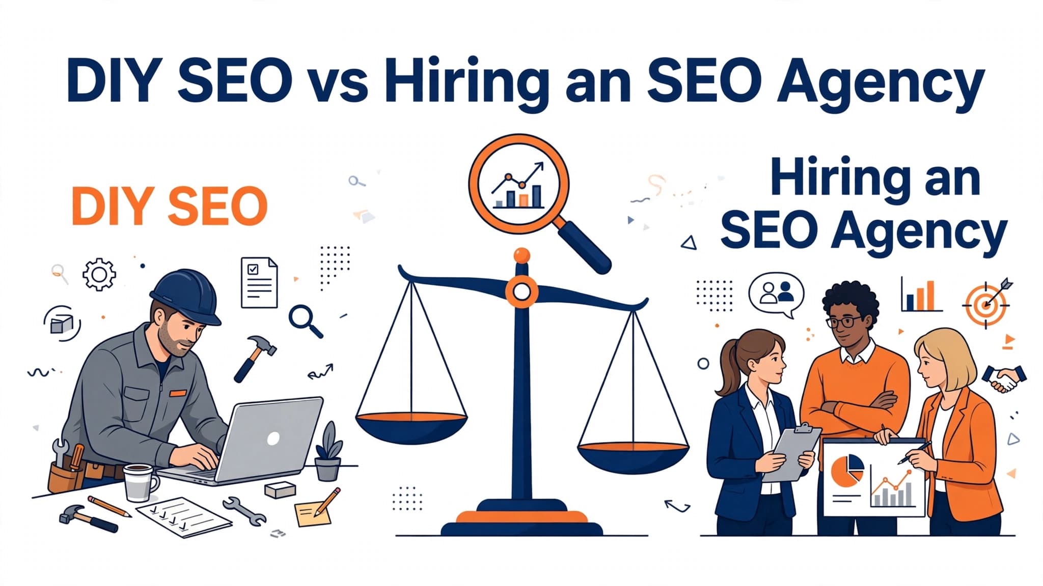 DIY SEO vs hiring an SEO agency comparison cover with time versus money balance