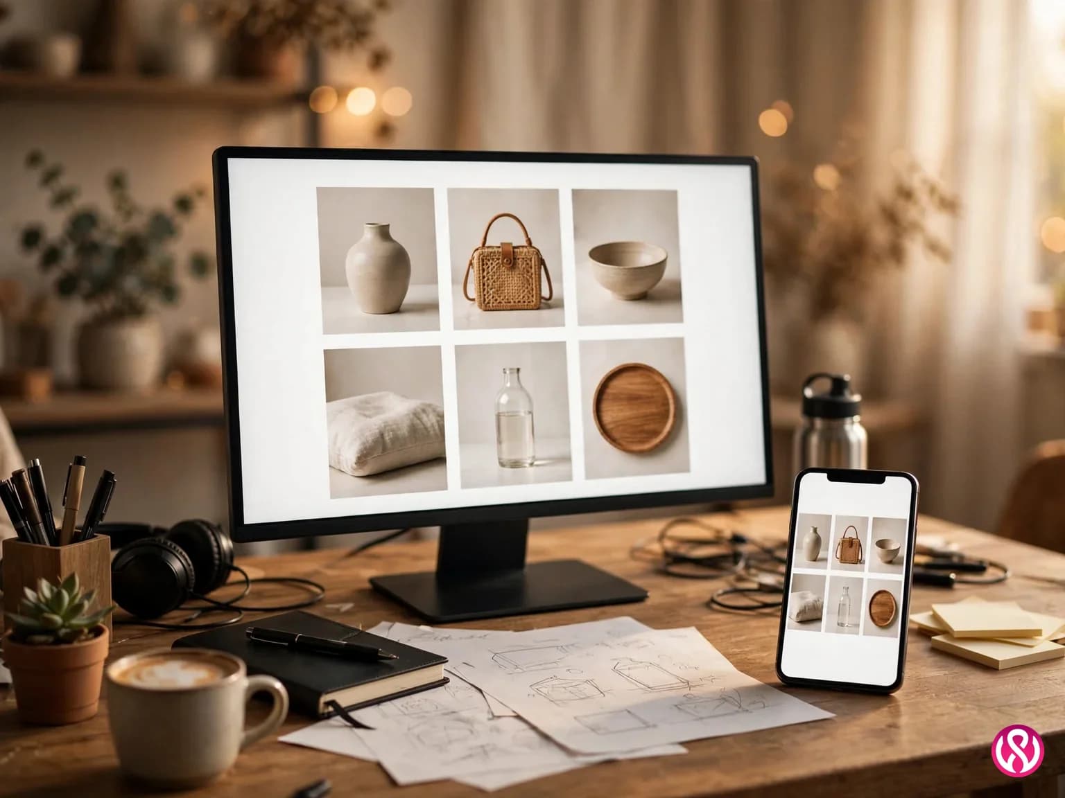 Designer desk with an online store homepage on a large monitor and the same store on a smartphone