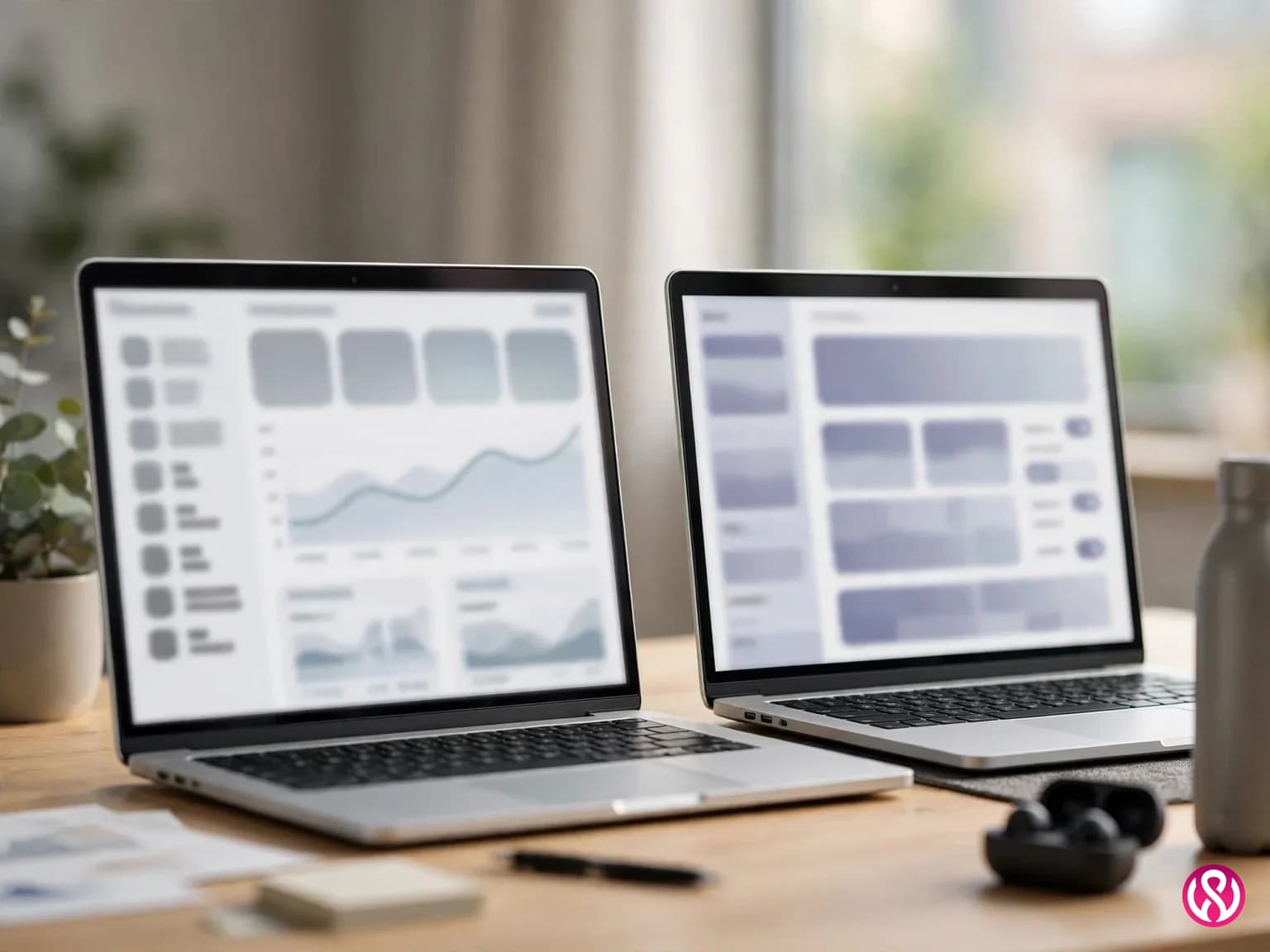 Two laptops side by side comparing hosted and self-hosted ecommerce platform dashboards