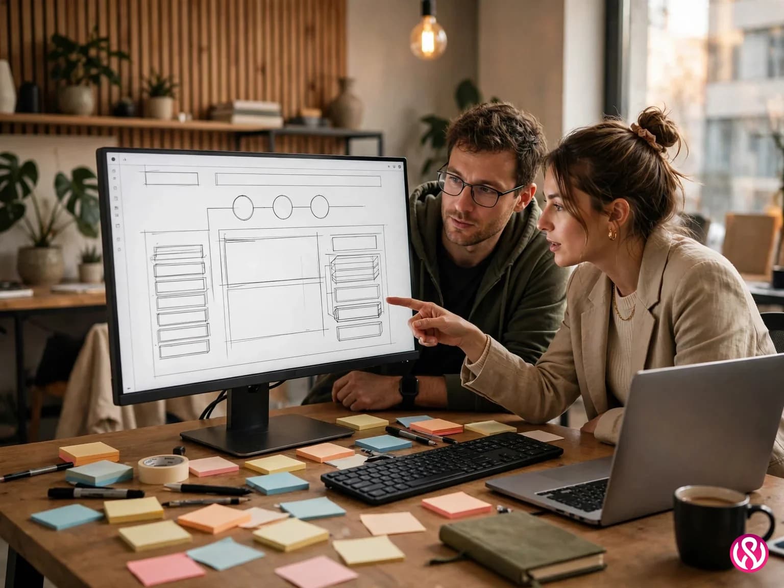 Web developer and designer collaborating over a checkout page wireframe on a large monitor